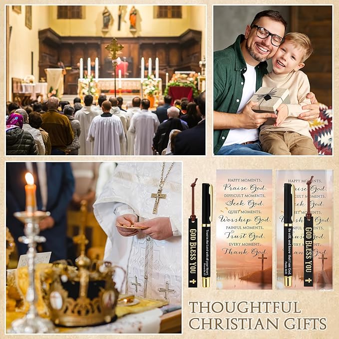 Skyygemm 20 Set Fathers Day Christian Gifts Bulk Bible Verse Pens God Bless You Bookmarks and Prayer Cards with Bags Religious Gifts for Men Church Sunday School Party Favors (Black)