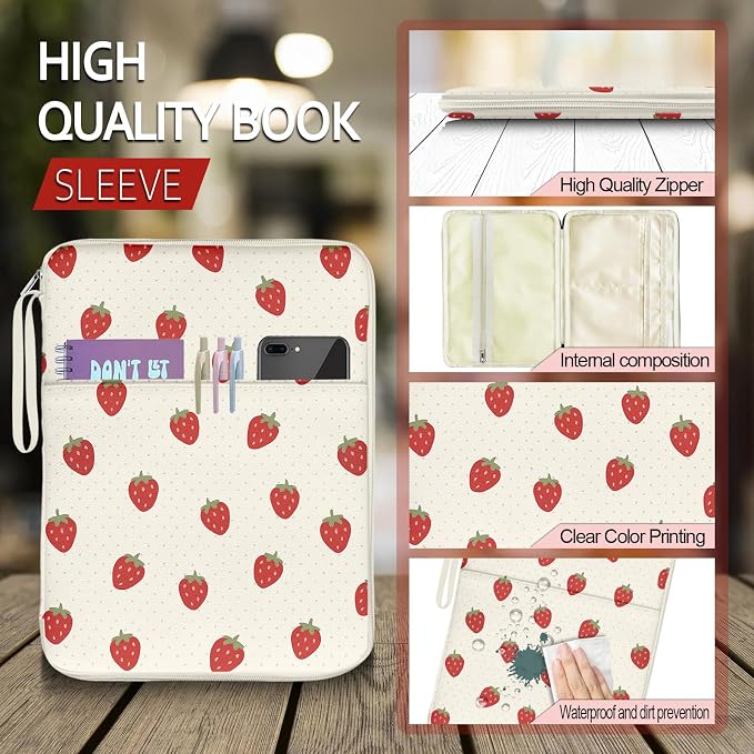 Book Pouch, Book Sleeve with Zipper and Extra Sleeve Pocket Paperback Hardcover Protector, PU Leather Waterproof for Girls Teacher Students-Strawberies