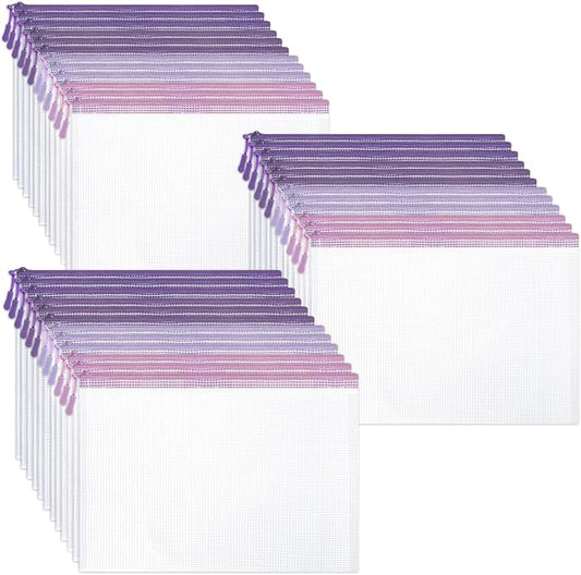 AmazingSpark 36 Pack Purple Mesh Zipper Pouch Bags, Purple Office Supplies A4 Size Waterproof Zipper Bags with Gradient for Classroom Organization, Board Game Storage, Document Bag School