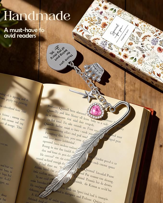 Buleens Bookmarks for Women Reading - Book Marks for Readers Book Lovers, Feather Fantasy Witch Pink Personalized Metal Bookmark with Pendants, Pretty and Aesthetic Book Accessories Reading Gifts
