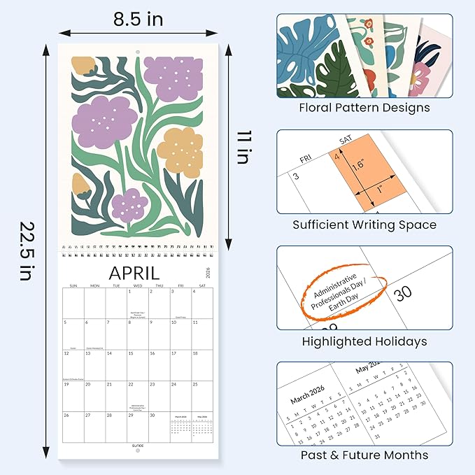 SUNEE Wall Calendar 2026, Colorful Flower Calendar From Jan. 2026 - Jun. 2027 18 Months, 8.5" x 11" Aesthetic with Thick Paper, Perfect for Home or Office, Floral