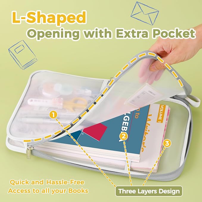 Pendancy Mesh Zipper Pouch 14.8x10.8 in Transparent Lightweight Nylon File Folders, A4 Size Multi-layer Subject Document Organizer Accessories Storage bag for Office and School Supplies(White)