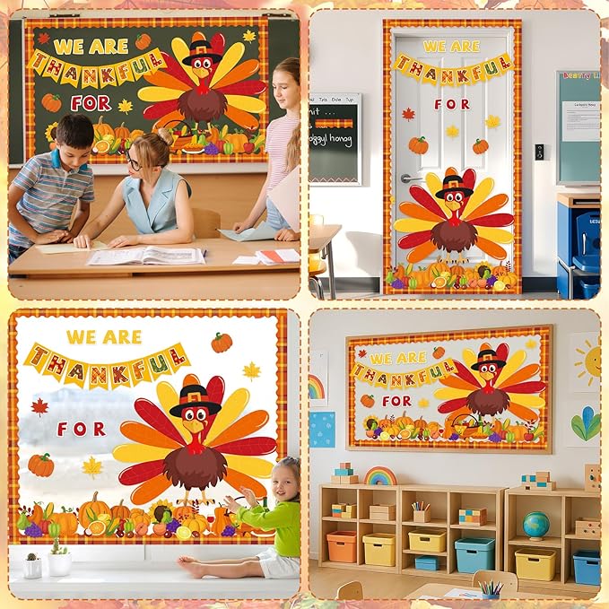 gisgfim 59 Pcs Thanksgiving Turkey Bulletin Board Set We Are Thankful Autumn Fall Thanksgiving Classroom Decorations Pumpkin Maple Leaves for Cutouts for DIY Craft Harvest School Home Wall Decorations