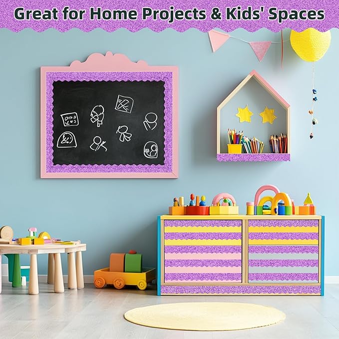 3 Rolls 98.4 Ft Glitter Bulletin Board Borders Set - Light Purple Bulletin Board Decorations for Classroom, Office，School Supplies & Home DIY - Perfect for Teachers, Posters & Birthday Party Decor