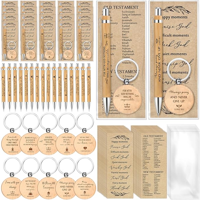 Lincia 30 Sets Christian Father's Day Birthday Gifts Bulk, Bible Verse Bookmarks Keychains with Bamboo Pens Religious Church Gifts Bulk for Men Ministry Bible Study Pastor Appreciation Church Events