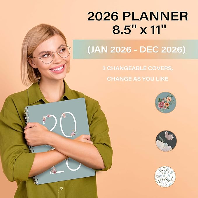 2026 Planner - Jan. 2026 - Dec. 2026, 8.5" x 11" Planner Weekly and Monthly, Calendar Planner 2026 with 3 Interchangeable & Waterproof Covers, 12 Monthly Tabs