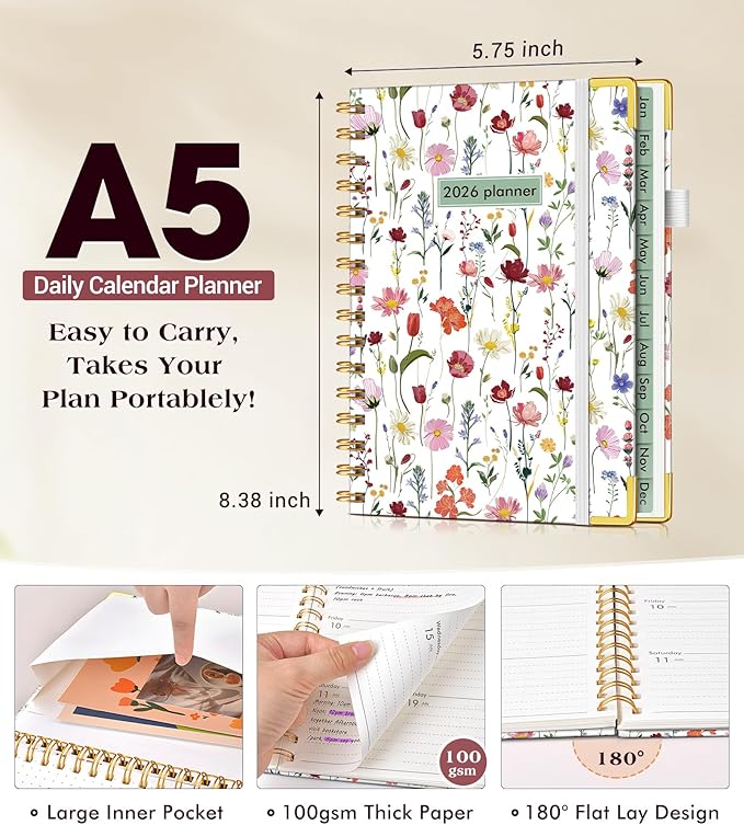 2026 Planner, Hardcover Weekly and Monthly Planner for Women, January 2026 - December 2026, Spiral Yearly Agenda Organizer Book 2026 with Tabs, Daily Calendar Planners for School Work Home, A5 (5.75" x 8.38"), Wildflower Garden