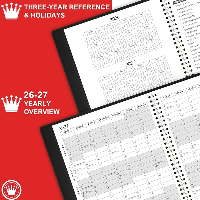 2026-2027 Monthly Planner/Calendar - Jul 2026 - Dec 2027, Monthly Planner 2026-2027, 18 Months, Faux Leather, 8.86" x 11.4", 15 Notes Pages, Strong Twin - Wire Binding, Tabs, Perfect Organizer - Black