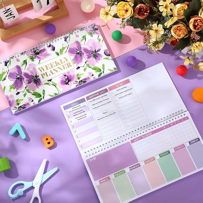 Funrous Floral Undated Weekly Planner 2026 Weekly To Do List Notepad with Goal Shopping Horizontal Desk Calendar Spiral Bound Calendar for Planner Reminder Office School 12 x 6 inch(Elegant,Purple)