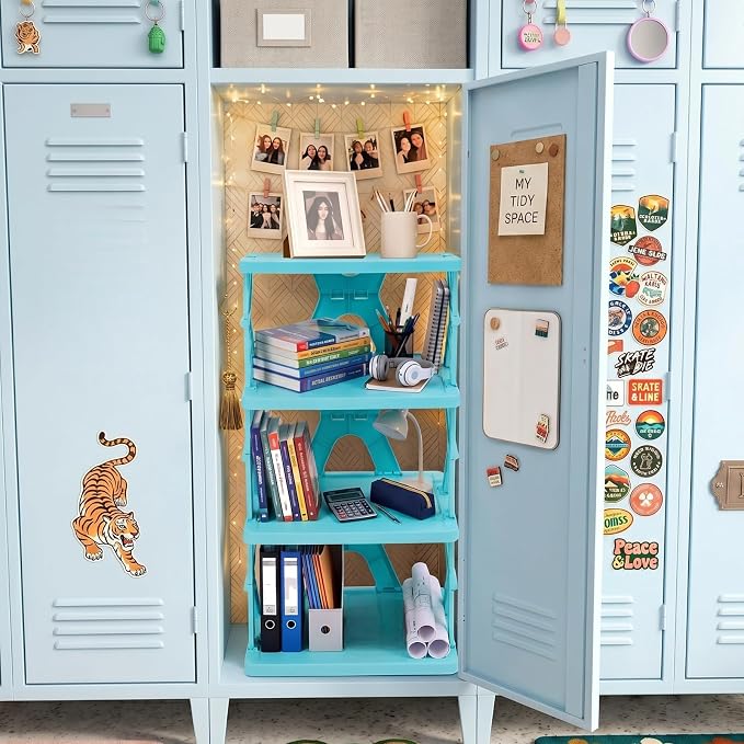 Lineshading 4 Tier Foldable Locker Organizer Shelf Foldable Storage Shelves Locker for School, Office, Gym Lockers, Dorm Room, Multi-Layer Shoe Gear Tower, Heavy-Duty No-Tool Portable Shelf (Blue)