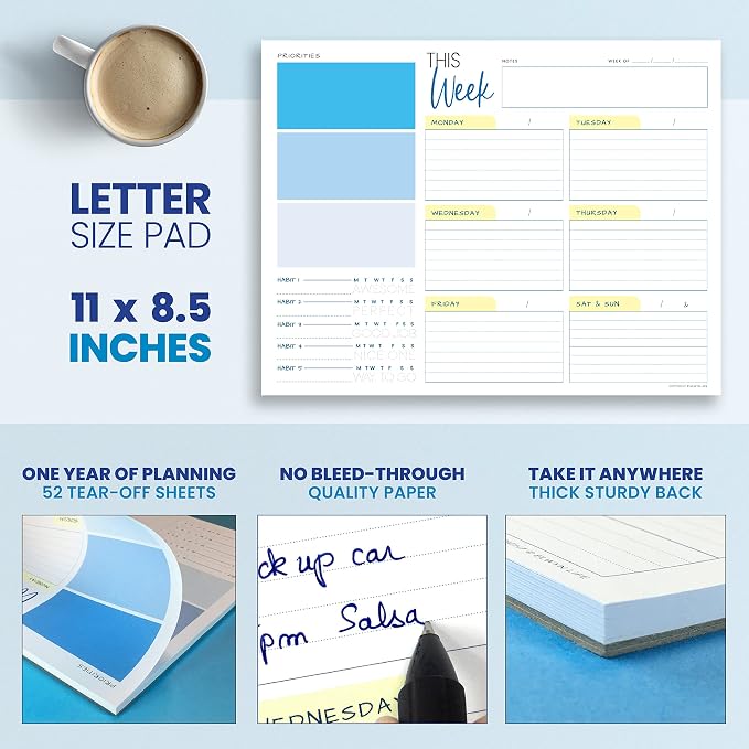 Weekly Planner Pad - Undated Planner - To Do List Notepad - Habit Tracker - 11 x 8.5" - 52 Tear-Off Sheets - Daily Planner Undated for Home Work Office Business - Goal Planner - Cute Planner (Blue)