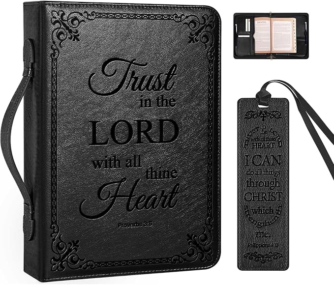 Large Bible Cover Case for Men Women, Mens Bible Covers Cases Leather Bible Cover Carrying Case for Women Men with Handle Zippered Bible Book Cover Holder Bag Case(Black, L)
