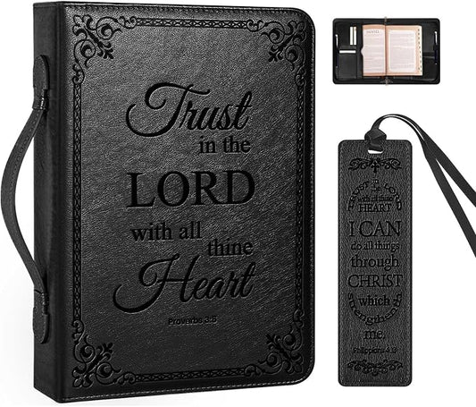 Large Bible Cover Case for Men Women, Mens Bible Covers Cases Leather Bible Cover Carrying Case for Women Men with Handle Zippered Bible Book Cover Holder Bag Case(Black, L)