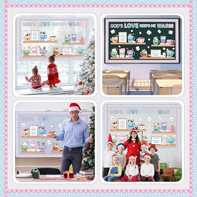Religious Winter Bulletin Board Set God's Love Keeps Me Warm Classroom Decorations Christian Coffee Hot Cocoa Marshmallow Paper Cutouts for Door Wall Church Home Winter Holiday Supplies