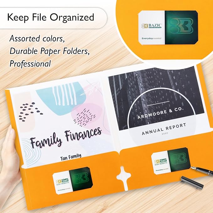 BAZIC Products Asst. Color 2-Pocket Portfolios, for Filing Office Home, Set of 10