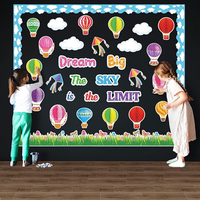 Pajean 66 Pcs Dream Big the Sky is the Limit Bulletin Board Sets Hot Air Balloon Cloud Borders 3D Honeycombs First Day of School Classroom Bulletin Board Decorations