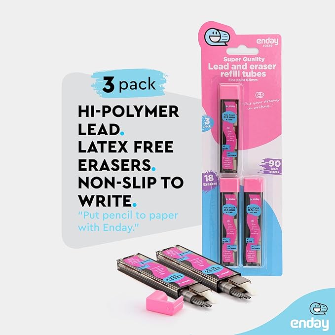 Enday Mechanical Pencil Refills, Black HB #2 Lead, White Eraser, Pack of 3 (30 Leads & 6 Erasers)