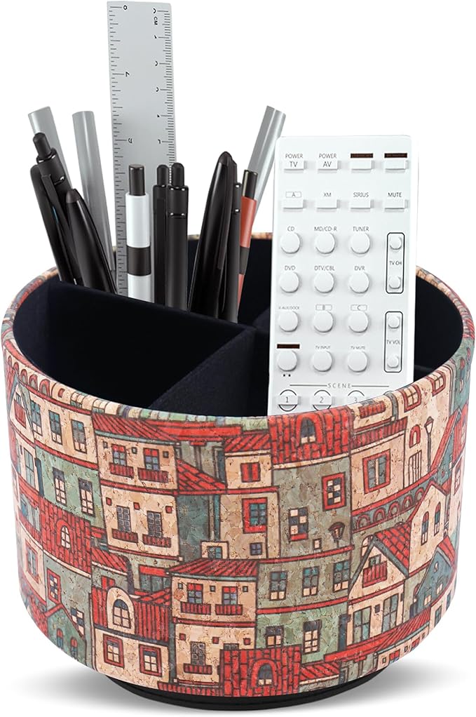 Round Leather Art Supply Organizer,Remote Control Holder,360 Degree Spinning,Multi-Functional Pencil Holder,4 Compartments Desktop Stationary Organizer(1-Red House)