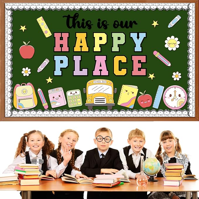 Composition Notebook Bulletin Board This is Our Happy Place Classroom Decor Welcome Back to School Party Decoration Notebook Book Bag Pencils Cutouts for First Day of School Craft Classroom Wall Decor