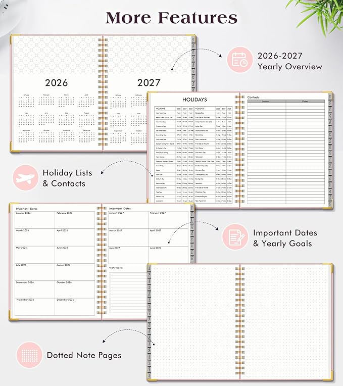 Planner 2026-2027, 18 Months Weekly and Monthly Hardcover Planner, January 2026 - June 2027, 5.75" x 8.38" A5 Daily Calendar Planner Book with Tabs, Spiral Yearly Agenda Organizer Notebook for School Work Home, Pink