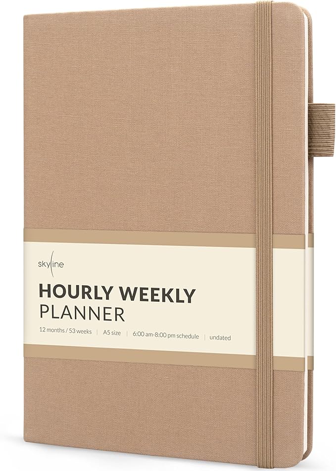 Skyline Hourly Weekly Planner – Undated Agenda & Daily Appointment Book – Time Blocking Notebook for Business Entrepreneurs, A5 (Sandstone)