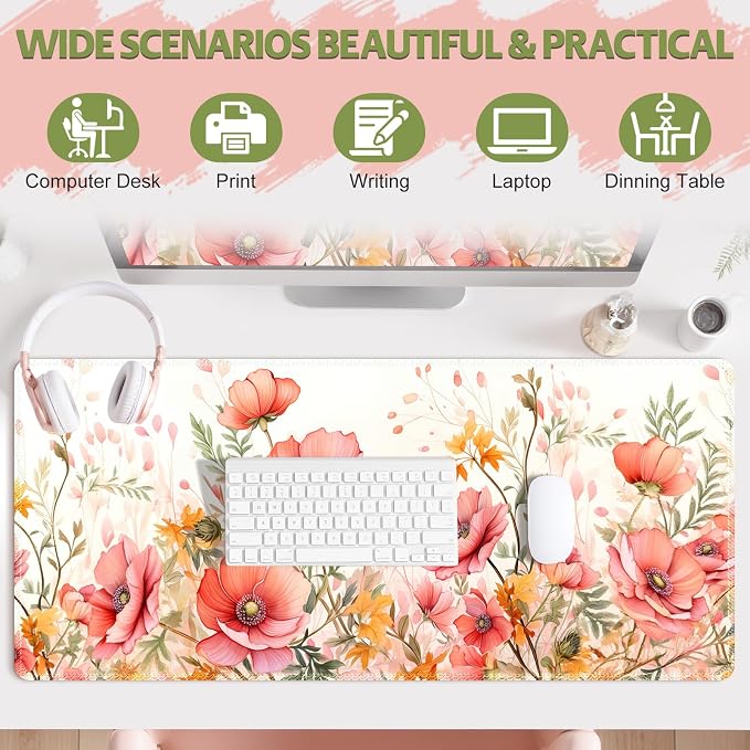 XXL Desk Pad Mouse Pad, Large Gaming Mouse Mat with Stitched Edges, Non-Slip Waterproof Rubber Base Mous Mat for Office Computer Keyboard Laptop Home Decor Women (35.4X17.5 in), Coral Flowers
