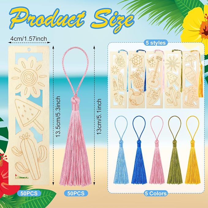 Yexiya 100 Pcs Bulk DIY Wooden Bookmarks Kit - 50 Set Tropical Hawaii Unfinished Wood Crafts with 50 Colorful Tassels for Classroom Rewards, Student Gifts, Summer Camp, Luau Party Favors, Art Projects
