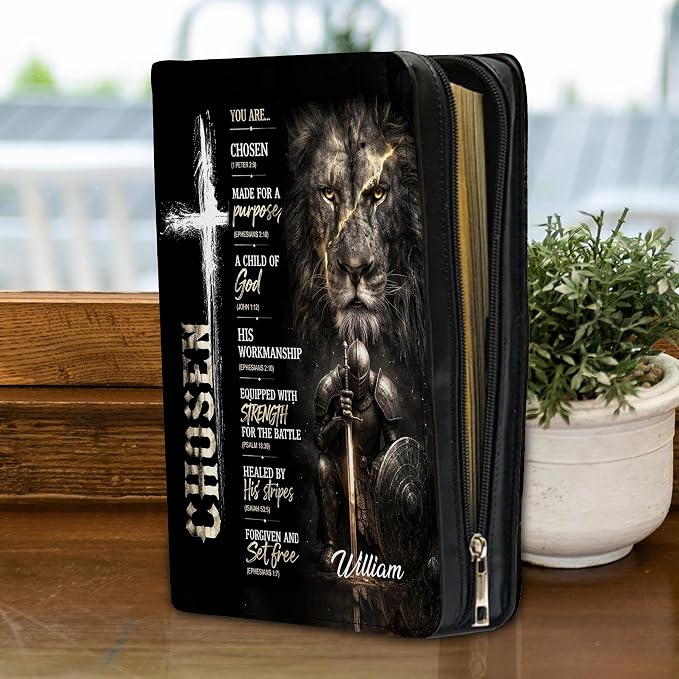 Personalized Man of God Bible Cover for Men, Christian PU Leather Bible Case with Handle Zipper, God Says I Am Warrior Scripture Bible Holder, Religious Gift for Men (You are Chosen)