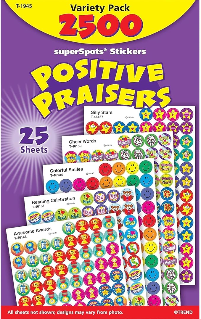 TREND ENTERPRISES: Positive Praisers, superSpots Stickers, Great on Homework, Incentives, Crafts, and as Collectibles, 68 Different Designs, 25 Sheets Included, For Ages 3 and Up