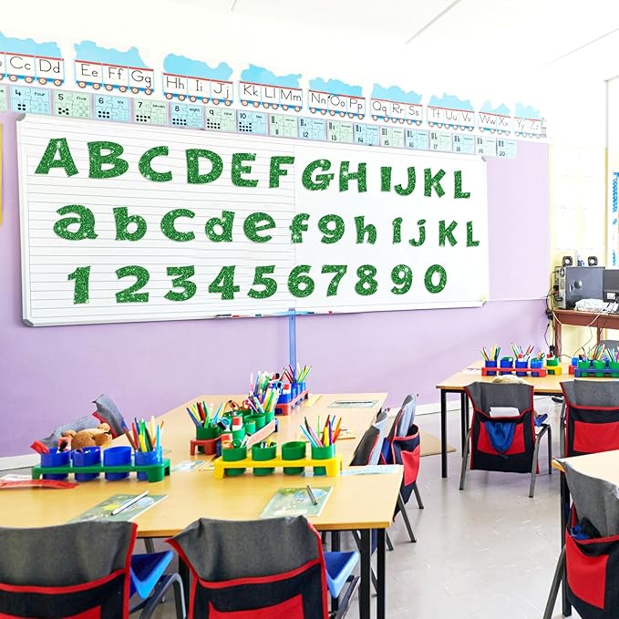 Colarr 216 Pcs Glitter Bulletin Board Letters for Classroom Number Alphabet Punctuation Symbol Cutout 4'' Die-Cut Poster Letter with Adhesive Dot School Graduation Party Summer Decor Display(Green)