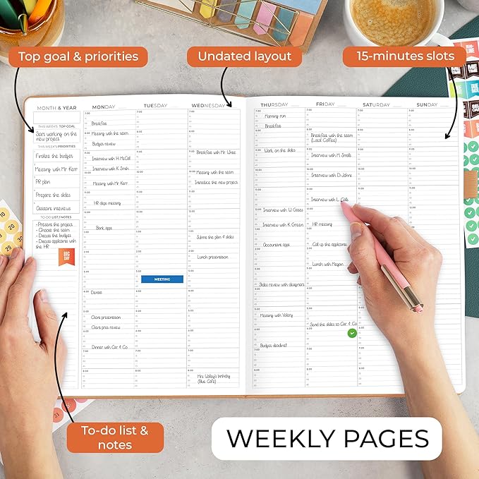 Clever Fox Appointment Book – Hourly Schedule Planner with 15-Minute Increments – Time Box Planner for Daily Work & To-Dos – Weekly & Monthly Spreads, Undated, Hardcover, 8.3x11″ (Sandstone)