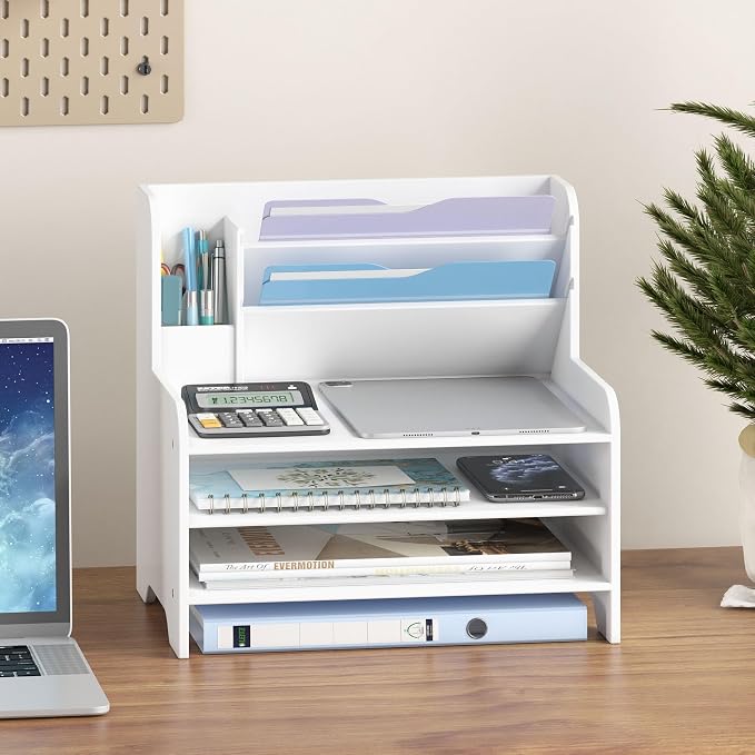 Desk File Organizer - 6-Tier Desktop Mail Letter Tray Paper Document Organizer with Pen Holder for Home Office Supplies, Office Desk Accessories & Workspace (White)