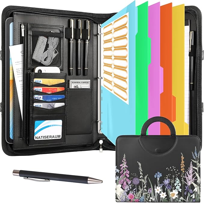 Portfolio Binder 3 Ring Includes Pen and 5 Dividers with 10 Pockets, Padfolio Organizer with Zipper for Men and Women, Includes A4 Notepad for Business, School, Work
