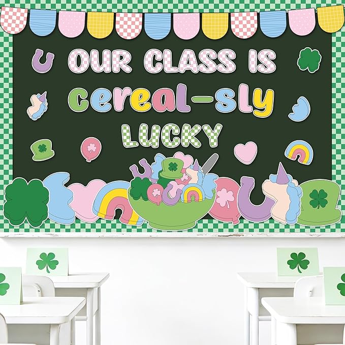 JarThenaAMCS St. Patrick' s Day Bulletin Board Decoration Lucky Charms Classroom Decoration Set Shamrock Clover Unicorn Paper Cutouts for School Classroom Chalkboard Wall Decor Irish Party Supplies