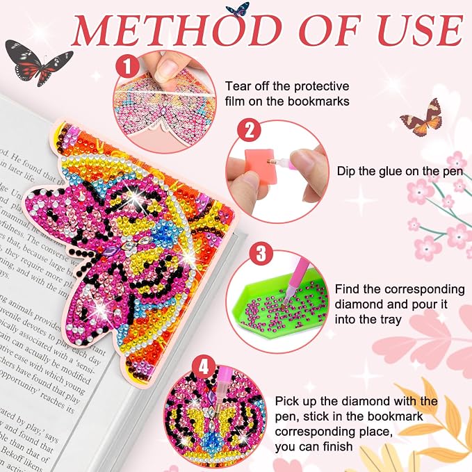 WIVICO 4 pcs Diamond Painting Bookmarks, DIY Diamond Art Kits for Adults, Book Corner - Protecting Bookmark Craft Supplies Kits for Book Lovers(Pink Butterfly)