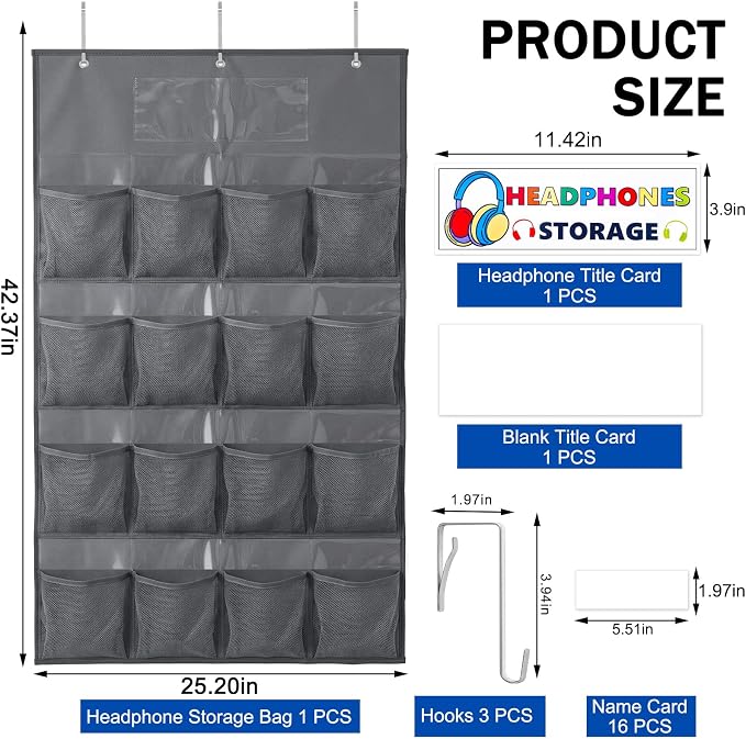 AmazingSpark 16 Pockets Classroom Headphone Storage Thickened Non-woven Fabric Mesh Pocket Chart Over The Door Hanging Cell Phone Organizer with Signed Card for Back to School Classroom Library, Gray