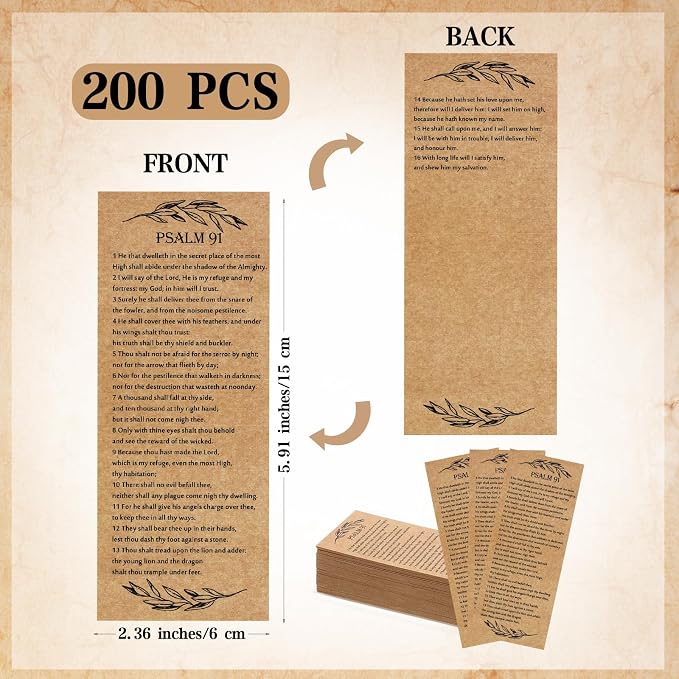 Skyygemm 200 Pcs Psalm 91 Bookmarks Bulk Clergy Appreciation Gift Christian Bible Scripture Kraft Paper Prayer Card Religious Verse Inspirational Sunday School Teacher Gift for Church Pastor (English)