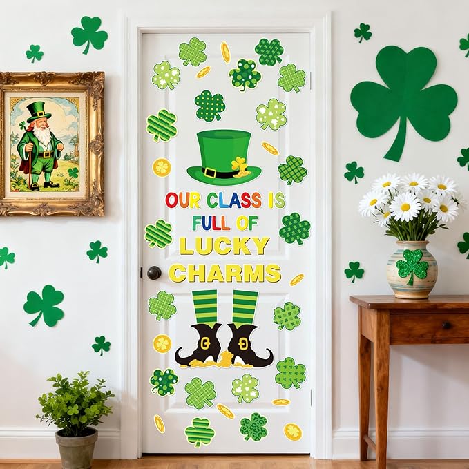 FYSUIMU St. Patrick' s Day Classroom Door Decoration Bulletin Board Set Lucky Clover Shamrock Gold Coin Paper Cutouts for School Classroom Chalkboard Wall Door Welcome Decor