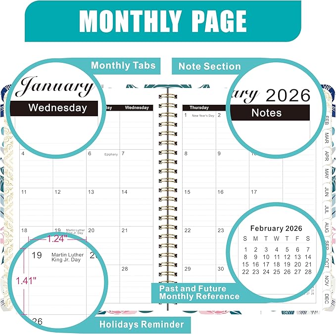 2026 Weekly and Monthly Planner, Medium 6.2 x 8.5 Inch, Hardcover with Floral Design, Jan-Dec Calendar, Spiral-Bound with Monthly Tabs, 100 GSM Paper (yellow flower) (rose pink flower)