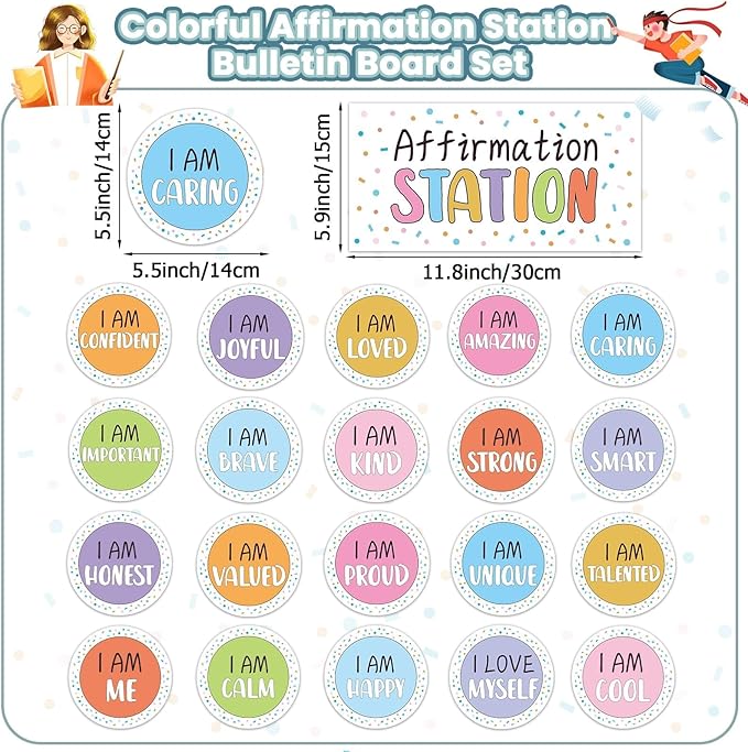 Pastel Affirmation Station Bulletin Board Set Positive Bulletin Board for Classroom Mirror Growth Mindset Decoration Inspirational Motivational Accent Color Cutouts for Home School Teacher Wall Supply
