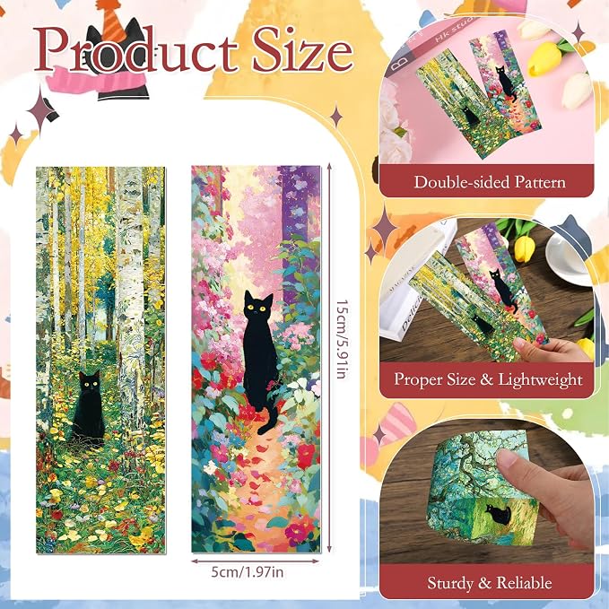 Black Cat Bookmarks Gifts - 60 Pcs Floral Animal Bookmarks Paper Cute Flower Cat Painting Book Mark Page Markers Clip Gift for Book Lover Women Men Student Classroom Teachers Bookish Reading