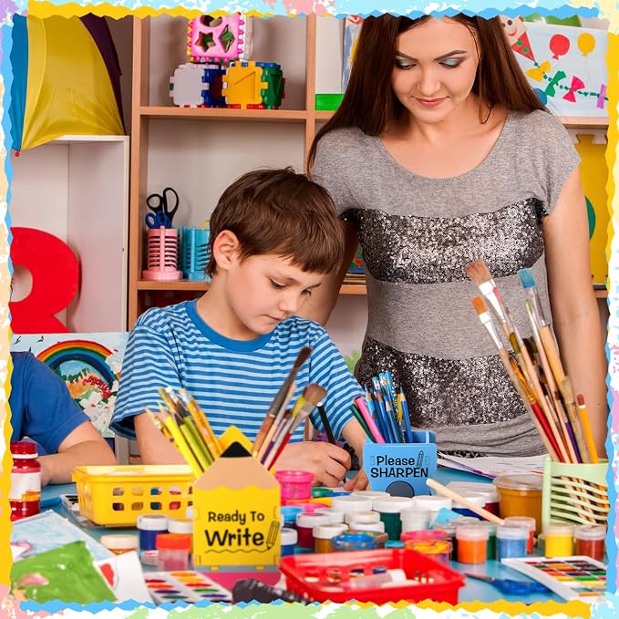 Sherr 2 Pcs Wood Pencil Holder Pencils and Sharpener Shaped Sharp and Dull Pen Holder Back to School Wooden Dispenser Storage Organizer for Classroom(Pencil and Sharpener,Yellow and Blue)