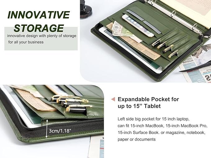 AZXCG Leather Binder Portfolio, Zippered 3 Ring Binder Padfolio, Vegan Leather Resume Portfolio, Business Document Organizer Folder for A4 Legal Pads, Gift for Women/Men, Green