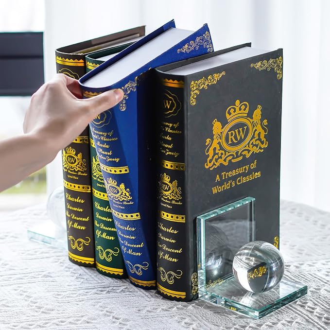 1 Pair Crystal Bookends with Crystal Ball Decorative Ornaments,L Shape Non-Skid Sturdy Book Ends for Heavy Books,Book Holder Stopper for Shelf Office Home (4inch,Clear)