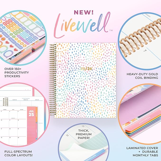 Blue Sky Livewell Weekly and Monthly Academic Year Planner Calendar, July - June, Flexible Cover, Wirebound, Colorful Interior, Laminated Tabs, Storage Pocket, Includes Stickers, Rainbow (Rainbow- 2025/2026, 7" x 9")