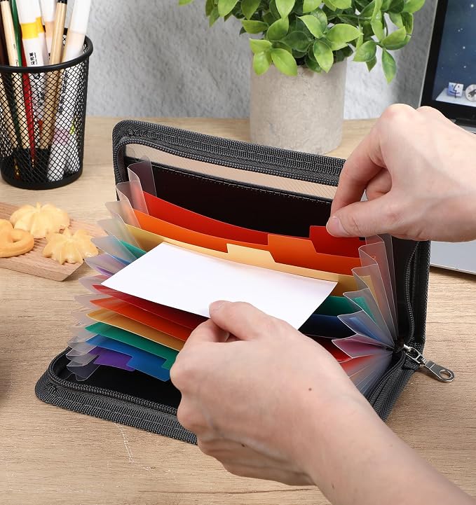 Coupon Organizer Small, 8.27 * 5 Inch 12-Pockets Receipt Folder Wallet with Zipper, A6 Size Portable Accordion Expanding Folders for Bills, Cash, (Grey)