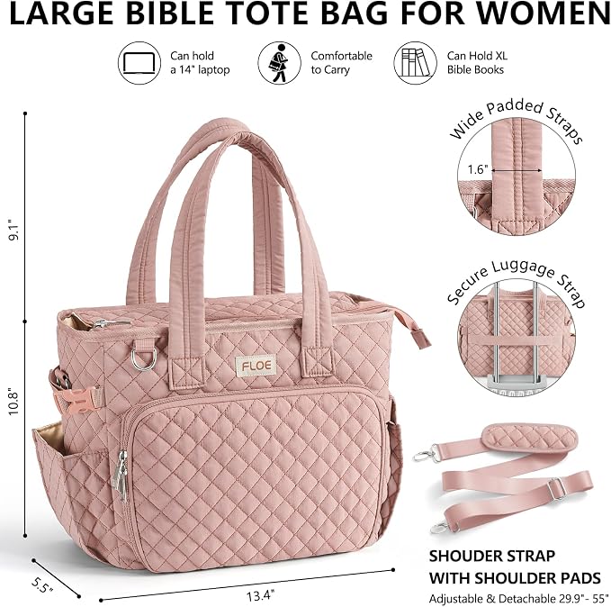 Large Bible Bag for Women Bible Cover Case, Quilted Puffer Bible Tote Bag Church Bag w/Shoulder Strap, Bible Study Supplies Journaling Kit Accessories Pen Tabs, Christmas Christian Gifts for Women Mom