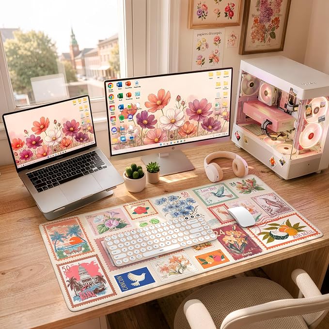 Vintage Floral Desk Mat, XXL Mouse Pad for Keyboard and Mouse, Aesthetic Collage Mousepad, Large Desk Mat for Desktop, Pink Cute Desk Decor Accessories