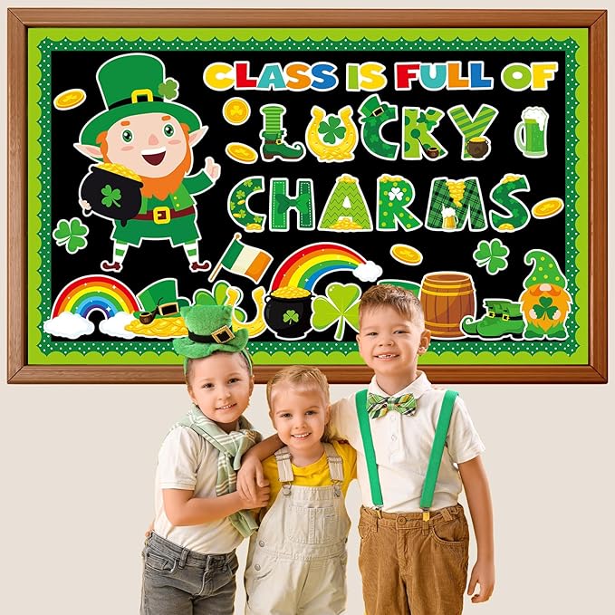 St. Patrick's Day Bulletin Board Set Lucky Shamrock Classroom Decoration Leprechaun Gold Coin Jar Bulletin Board Luck Shamrock Irish Clover Paper Cutouts for School Classroom Chalkboard Wall Decor