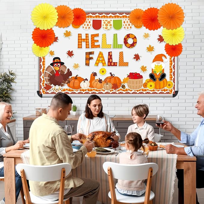 Hello Fall Bulletin Board Decorations Set with 3D Tissue Paper Flower Paper Fan DIY Fall Thanksgiving Classroom Bulletin Board Border Maple Leaves Pumpkins Cutouts for Library Home Chalkboard Supplies